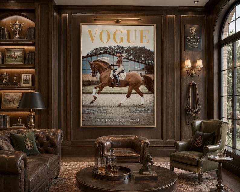 以下が含まれることがあります： ダークウッドのパネルと、馬とライダーが描かれた大きな額入りのVogue誌の表紙がある豪華なリビングルーム。革張りの家具、コーヒーテーブル、乗馬をテーマにした装飾が施されています。