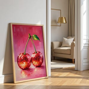 Printable Wall Art, Cherries Disco Ball Maximalist Painting, Dopamine Cherry Dining Room Preppy Food Poster, Mirror Ball Girly Kitchen Print