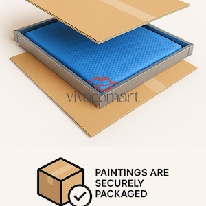 May include: A painting packaged in a cardboard box with a blue protective layer. The text on the image says "PAINTINGS ARE SECURELY PACKAGED".