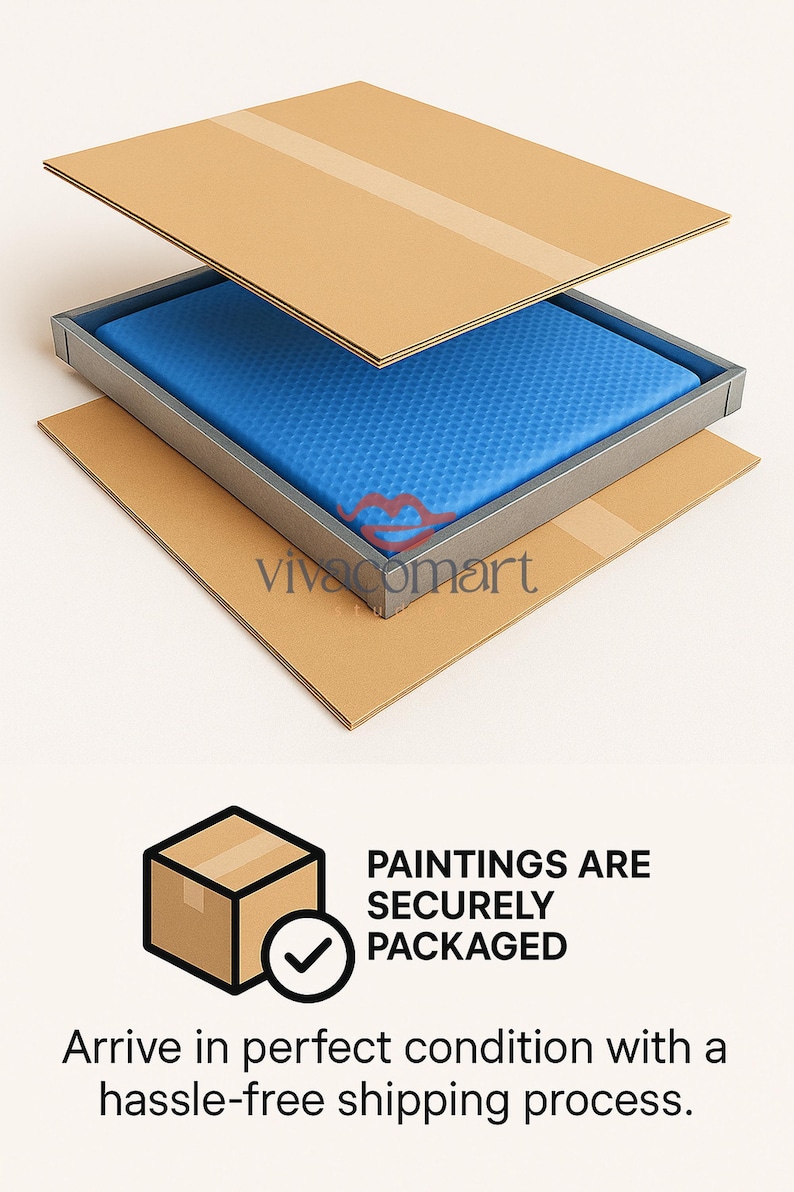 May include: A painting packaged in a cardboard box with a blue protective layer. The text on the image says "PAINTINGS ARE SECURELY PACKAGED".