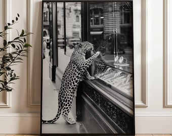 Iconic Black and White Leopard Street Photography Wall Art – Luxury Jewelry Window Scene