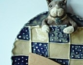 Gray and White Kitty Cat snug in bed plate or tray Grey Cat