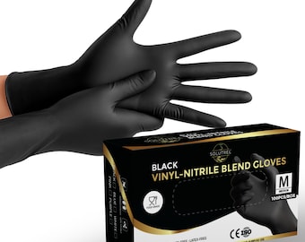 May include: Black vinyl-nitrile blend gloves, displayed with a box. The box is black with gold accents and features the text "BLACK VINYL-NITRILE BLEND GLOVES". The gloves are non-sterile, powder-free, latex-free, ambidextrous, and touch screen compatible.