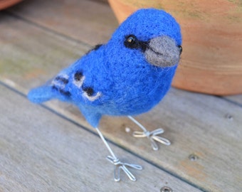 Mr. Indigo Bunting, needlefelted bird art fiber sculpture