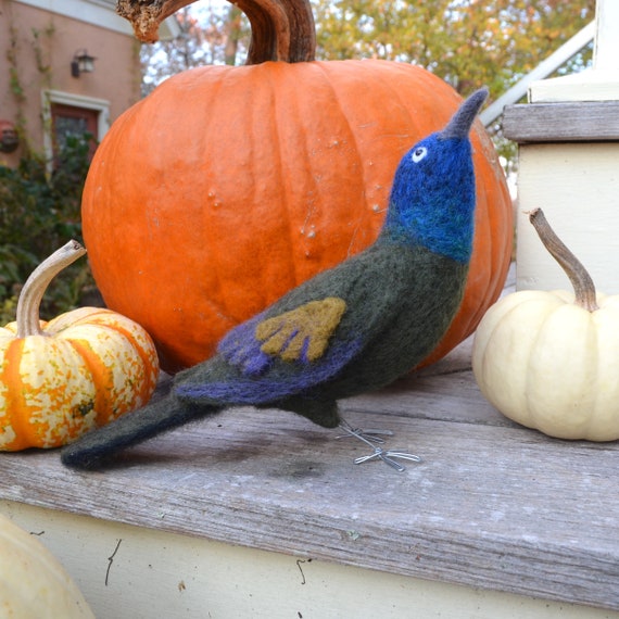 Mr. Common Grackle, Life Size Needle Felted Bird Fiber Sculpture