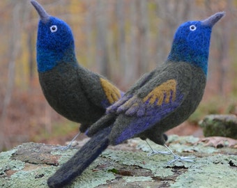 Mr. Common Grackle, life size needle felted bird fiber sculpture