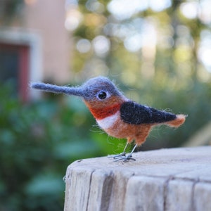 Mr. Rufous Hummingbird, needle felted bird fiber sculpture