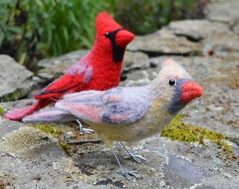 Mr. and Mrs Cardinal, needle felted bird fiber art