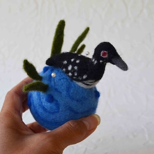 Needle felted Loon Pincushion, wool bird and animal art sculpture image 1