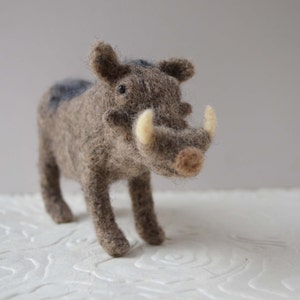 Wamu the Warthog, needle felted pig animal fiber art sculpture