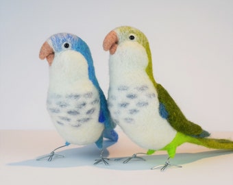 Blue or Green Faced Quaker Parrot, needle felted bird sculpture