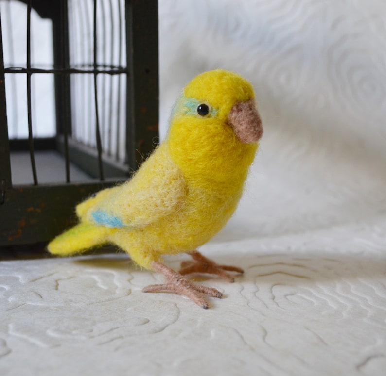 Mr. Yellow Parrotlet with wool legs and feet, needle felted bird, wool fiber art bird sculpture image 4