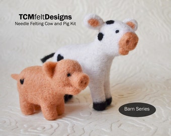 Needle Felting Kit, Cow and Pig, Barn Series, Beginner/Intermediate Level Fiber Art Kit