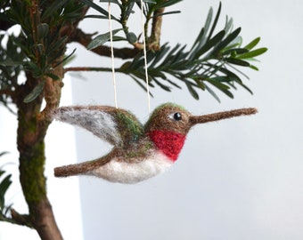 Mr. Ruby Throated Hummingbird flying ornament or standing sculpture, needle felted bird fiber art