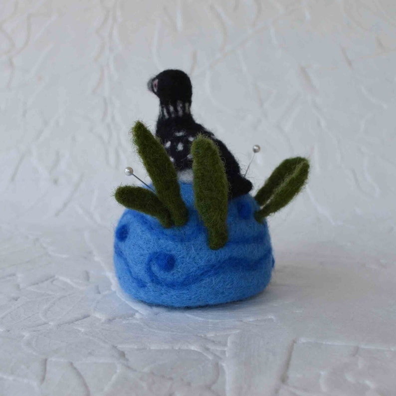 Needle felted Loon Pincushion, wool bird and animal art sculpture image 3