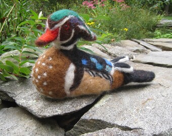 Mr. Wood Duck, needle felted bird sculpture