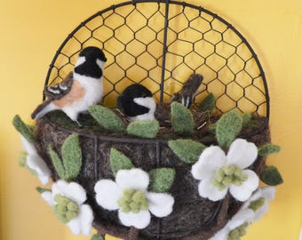 1 available to ship, Chickadee nest basket wall hanging sculpture, needle felted bird sculpture