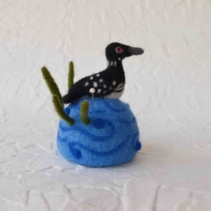 Needle felted Loon Pincushion, wool bird and animal art sculpture image 2