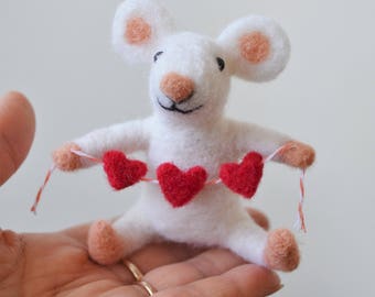 Mouse valentine, needle felted animal, heart garland