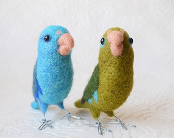A pair of Parrotlets, any color variation, needle felted birds, wool fiber art animal sculptures