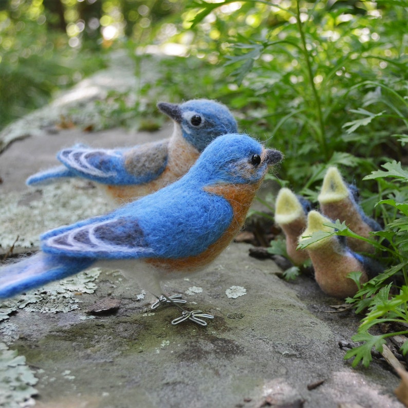 Bluebird family, needle felted bird sculpture image 1