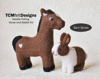 Needle Felting Kit, Horse and Rabbit Barn Series, Beginner/Intermediate Level Fiber Art Kit