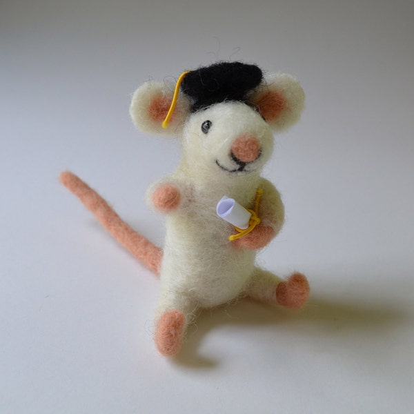 Mouse graduate, needle felted animal fiber art sculpture