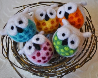 Colorful owl ornaments, needle felted bird decoration, holiday art