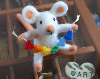 Mouse pride, needle felted animal, heart garland