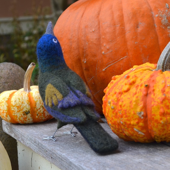 Mr. Common Grackle, Life Size Needle Felted Bird Fiber Sculpture