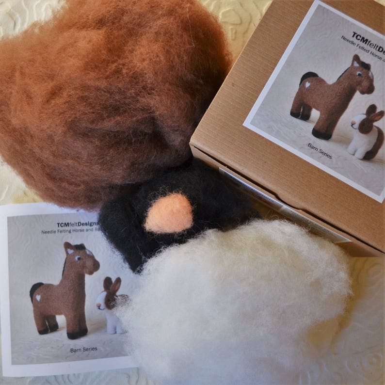 Needle Felting Kit, Horse and Rabbit Barn Series, Beginner/Intermediate Level Fiber Art Kit image 2