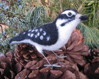 Mr. Downy Woodpecker, needle felted bird fiber sculpture