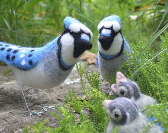 Mr. OR Mrs. Blue Jay and family, needle felted birds and babies, wool sculpture