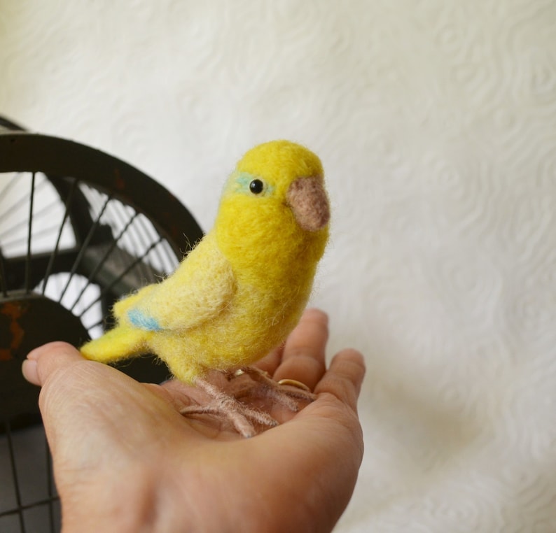 Mr. Yellow Parrotlet with wool legs and feet, needle felted bird, wool fiber art bird sculpture image 2