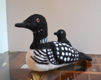 Mama Loon and baby, needle felted bird sculpture