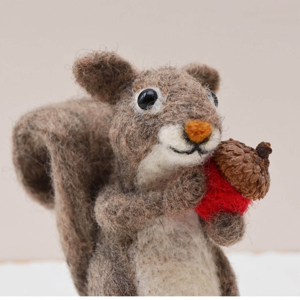 Acorn the Squirrel, needle felted grey animal fiber art sculpture