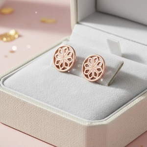 Rose Gold Star Stud Earrings: 8-Point Rosette Mini Round, Minimalist Gold Jewelry, Everyday Earrings for Women, Jewelry Gifts for Her