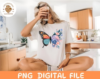 Mariposa floral PNG: Pintura de flores de primavera, diseño de pegatinas (descarga digital)