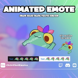 May include: Animated emote featuring a cartoon frog with a flower crown. The frog is light green with yellow eyes and a purple and pink flower. The image includes the text "ANIMATED EMOTE" and size dimensions. The Etsy shop name "ChibiChatEmotes" is also included.