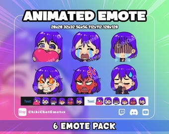 Animated Emote Pack for Twitch and Discord, Kawaii Chibi Gamer Girl, Anime Short Purple Hair, Best for streamers, (GIF)