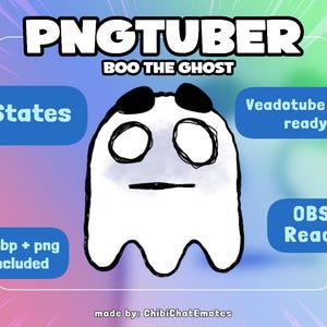 Pode incluir: Um personagem fantasma de desenho animado branco com contornos e detalhes pretos, rotulado como "BOO THE GHOST". A imagem inclui texto que diz "PNGTUBER", "8 States", "Veadotube mini ready", "webp + png included" e "OBS Ready".
