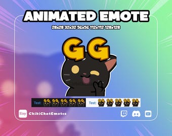 アニメーション付き黒猫GGエモート、猫グッドゲームゲーマーミーム、Twitch Discordチャット絵文字、GIF