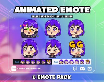 Animated Emote Pack for Twitch and Discord, Cute Gamer Girl, Short Purple Hair, Best for streamers, (GIF)