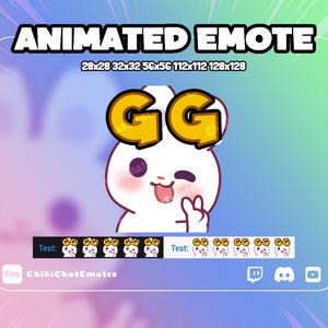 Puede incluir: Emoticono animado con un conejo blanco de dibujos animados guiñando un ojo y sacando la lengua, con las letras "GG" en amarillo. La imagen incluye el texto "ANIMATED EMOTE" y especificaciones de tamaño. También es visible el nombre de la tienda Etsy "ChibiChatEmotes".