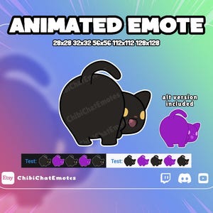 May include: An animated emote featuring a black cat with a curved tail and yellow eyes, accompanied by a purple version labeled alt version included. Text includes ANIMATED EMOTE, 28x28 32x32 56x56 112x112 128x128, Test, and ChibiChatEmotes.
