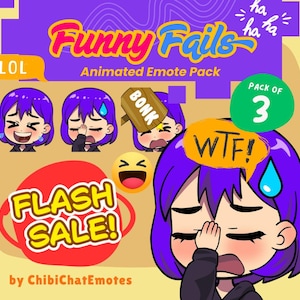 May include: Animated emote pack titled "Funny Fails" featuring cartoon characters with purple hair expressing various emotions. Includes speech bubbles with "LOL" and "WTF!" and a "Flash Sale!" graphic. Pack of 3.