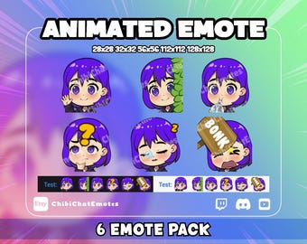 Animated Emote Pack for Twitch and Discord, kawaii Gamer Girl, Streamer Short Purple Hair, Best for streamers, pack of 6, (GIF)