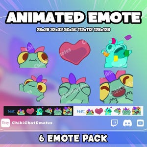 May include: A digital graphic featuring six animated emotes. The emotes include a green frog-like character with large yellow eyes, a red heart, and a turquoise character. The text "ANIMATED EMOTE" and "6 EMOTE PACK" are displayed.
