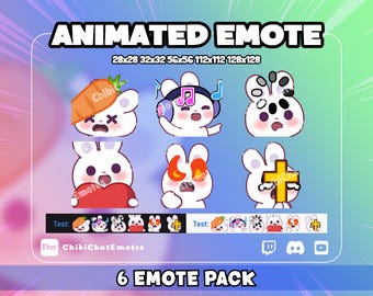 Animated Emote Pack for Twitch and Discord, Cute Bunny, Starter emoji pack, Best for streamers, pack of 6 volume 2, (GIF)