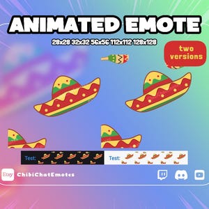 May include: Animated emote graphic featuring a sombrero design in red, yellow, and green. The image includes the text "ANIMATED EMOTE" and size specifications. Additional text includes "two versions" and "Test:" with social media icons.
